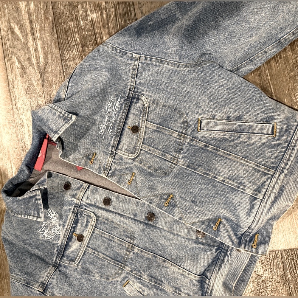 Darc sport denim insulated roses while we’re here jacket